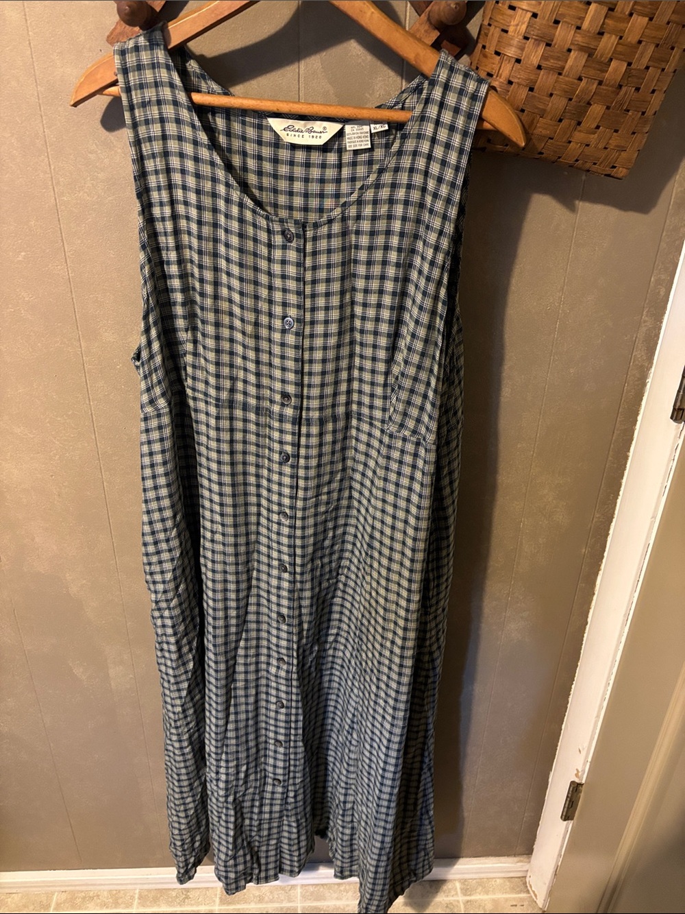 Eddie Bauer Blue Green Plaid Sleeveless Button-Front Dress
